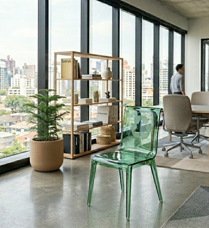 Ljust kontor med genomskinlig grön stol med återvinningssymbol och utsikt över staden