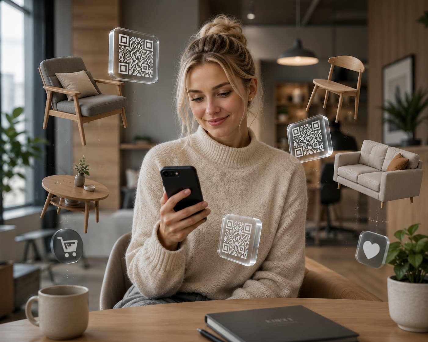Person som använder en smartphone med svävande miniatyrmöbler och genomskinliga QR-kuber som föreslår en AR-shoppingupplevelse
